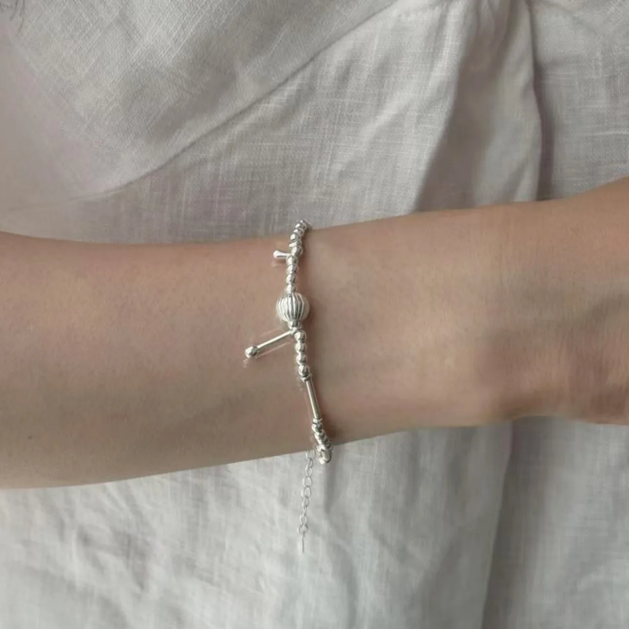 

S925 Sterling Silver Korean Style Unique Lantern Beads Matchstick Bracelet Minimalist Designer Premium Look Jewelry