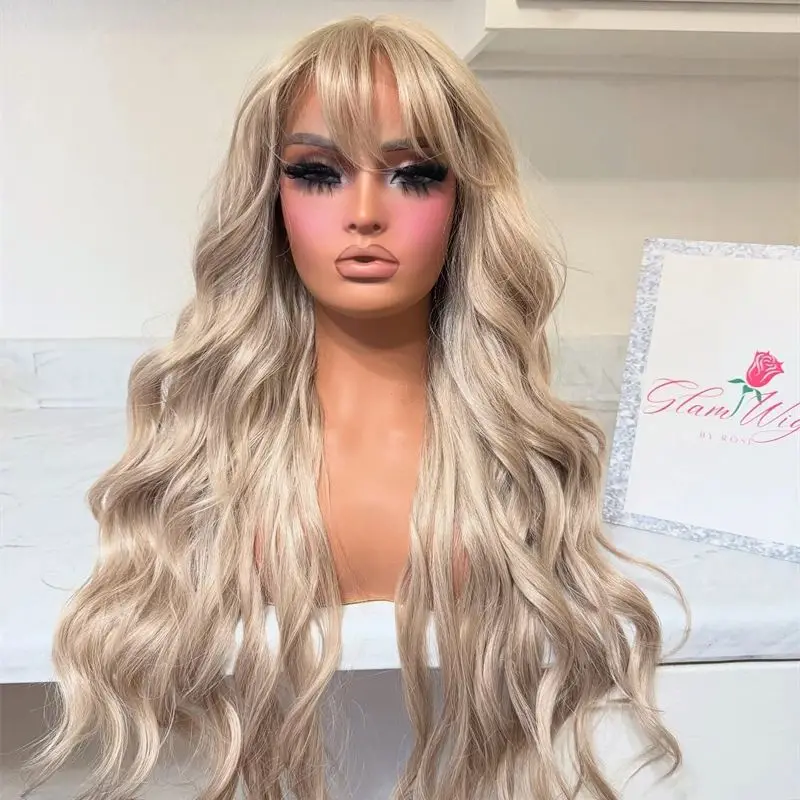 

Бесклеевой парик Ombre Пепельно-русый с челкой Мягкие парики для вечеринок Парик фронта шнурка Синтетические парики HD Термостойкие свободные части Светлые парики