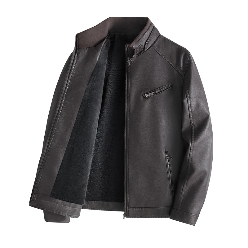 

Новая мужская куртка из искусственной кожи с теплой флисовой подкладкой, в байкерском стиле, с воротником-стойкой, осенне-зимняя, модная, для работы, трендовая