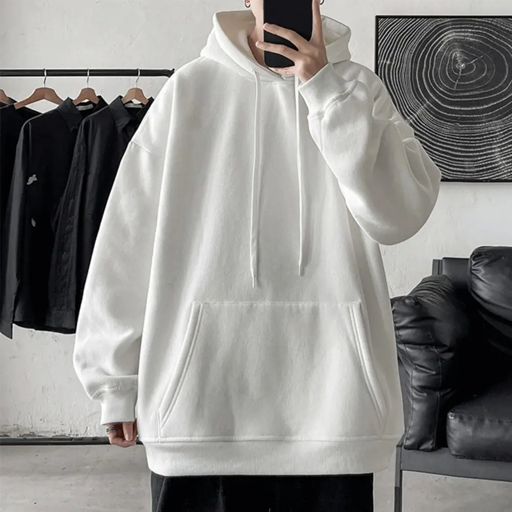 Drawstring Hoodie Cozy Plush Hoodie with Big Pockets for Men Warm Winter Sweatshirt with Elastic Cuff Hem Solid Color for Wear