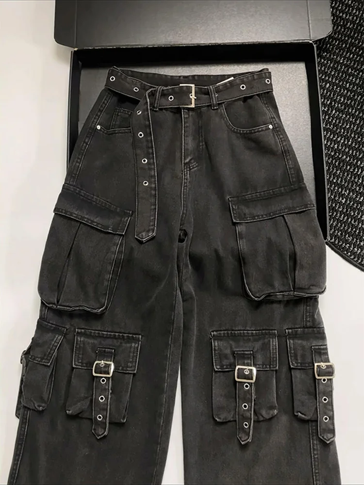 

Американские джинсы свободного кроя с широкими штанинами для женщин, весенне-осенние повседневные брюки с множеством карманов, рабочая одежда, прямые длинные брюки