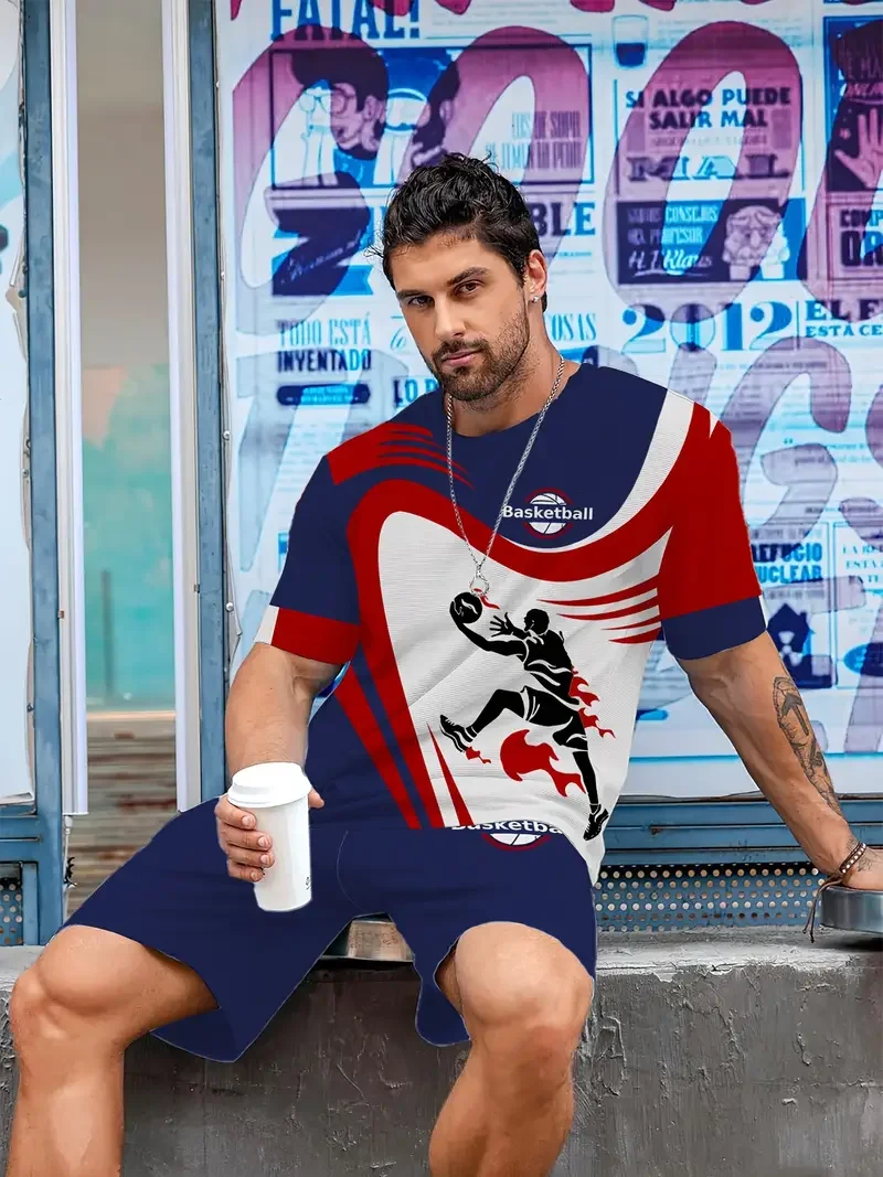 

2025-26, летний бестселлер, новый модный костюм с 3D-печатью, уличный дышащий и удобный мужской костюм с шортами и короткими рукавами