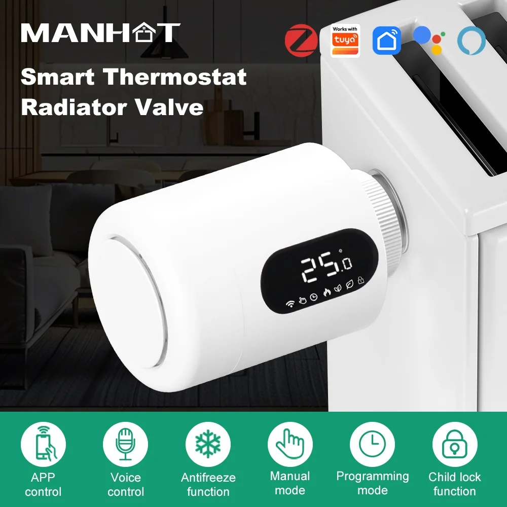 manhot-スマート-zigbee-サーモスタット-ラジエーターバルブ-trv。プログラミング可能で、スマートライフやalexaに対応したアプリによる遠隔温度制御が可能。