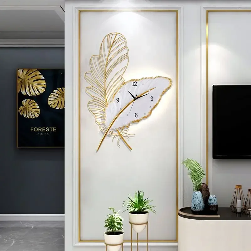 Wall Clock Home Decor Light Luxury Feather Wall Clocks Modern Design Home Living Room Decoration Digital Watches Reloj De Pared