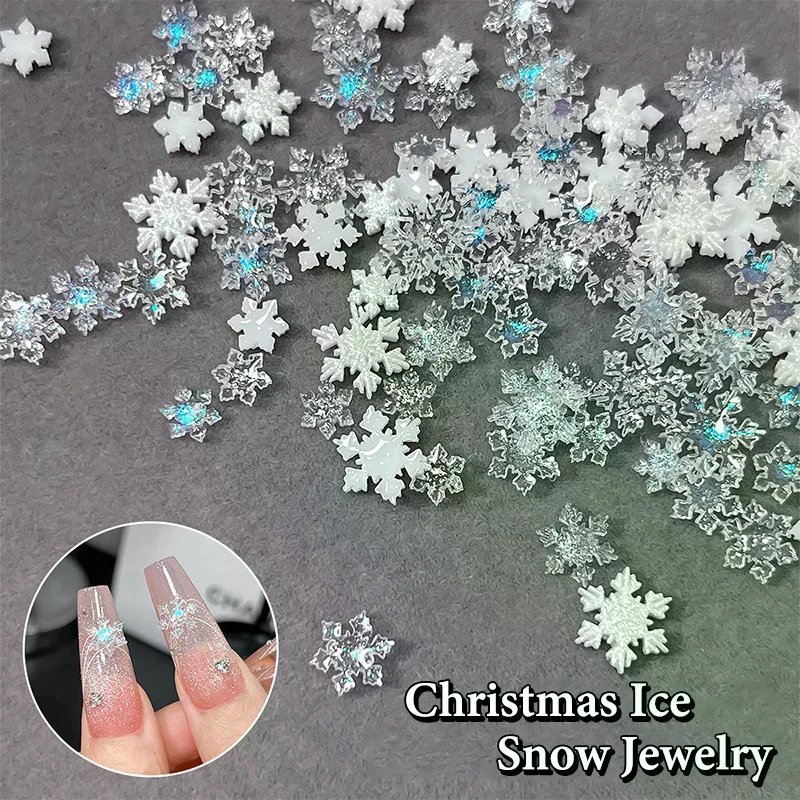 50pcs Christmas Sparkling White Transparent Snowflake Nail Charms Accessories Glitter Resin Snow Nail Decoration For Manicure
