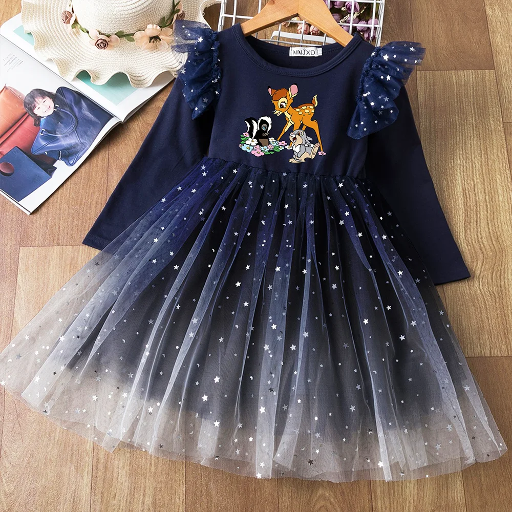 Bambi Fall Dress for Kids Girls Mesh Princess Dress for Long Sleeve Elegant Party Dresses Children Clothes 3-8Y