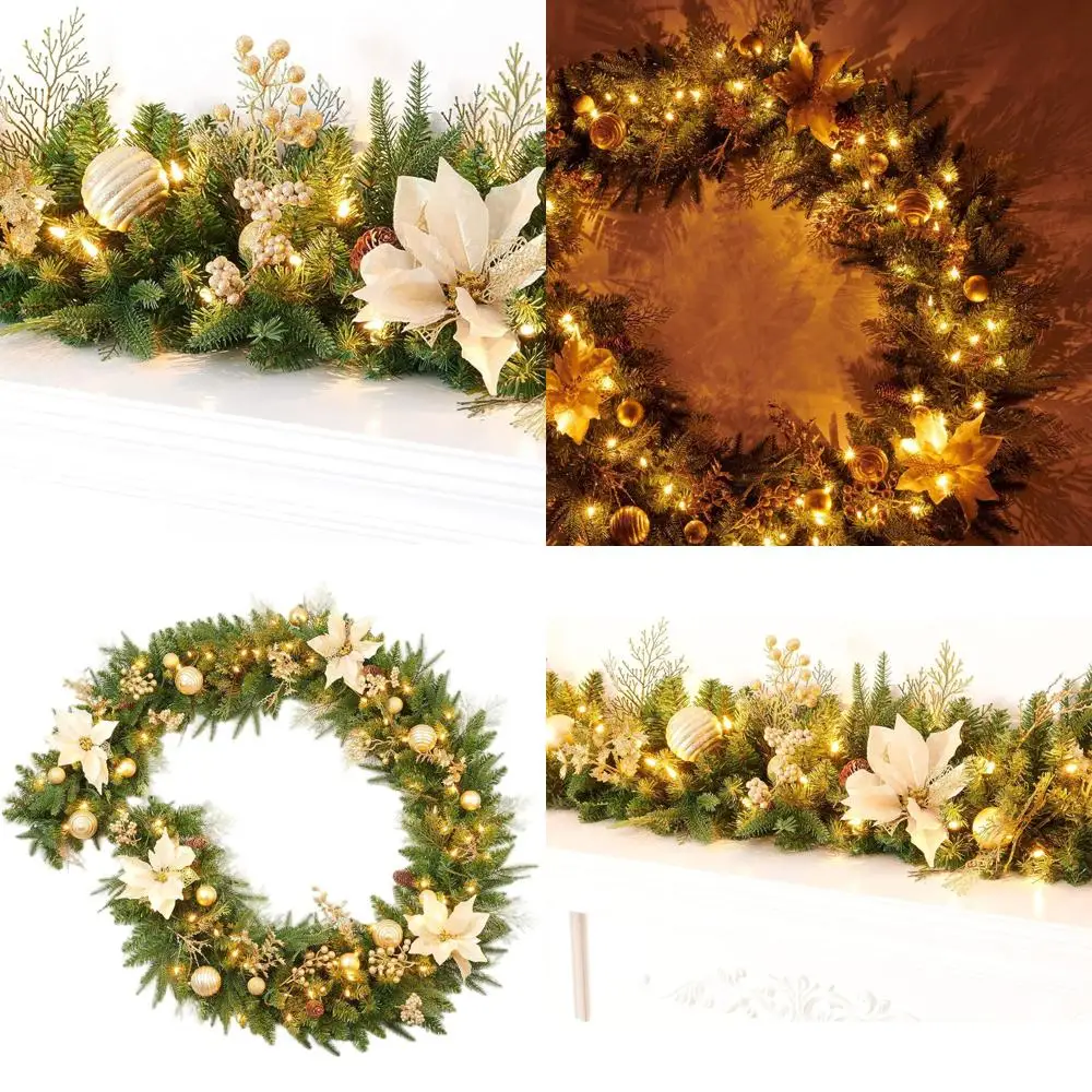 

9-футовая предварительно освещенная рождественская гирлянда с золотыми ягодами, шариками и 50 лампами для камина, лестницы, мантии или дверного проема -