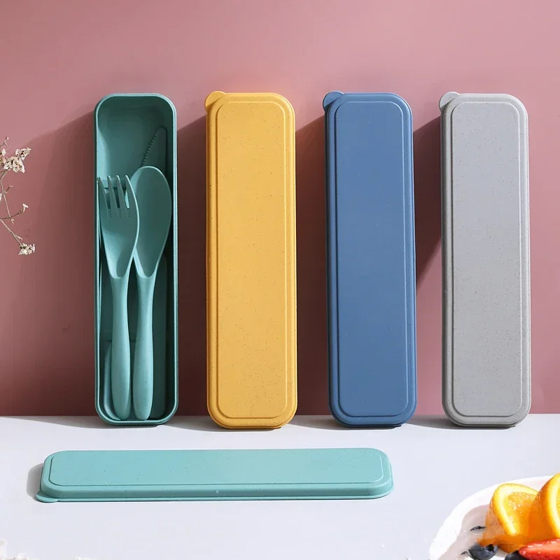 Juego de cubiertos cuchara, tenedor, cuchillo, paja de trigo, vajilla portátil para el almuerzo de viaje con caja, vajilla para estudiantes, accesorios de cocina, 3 uds.