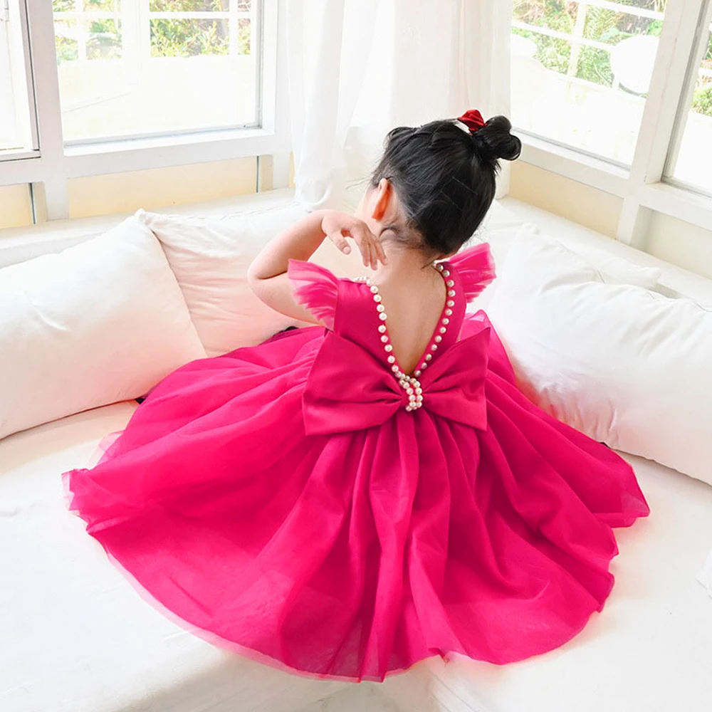 Toddler Bow Baby Girls Party Dress Backless Tulle 1st Birthday Wedding Prom Girl Gown Elegant Beading Baptism Princess Dresses