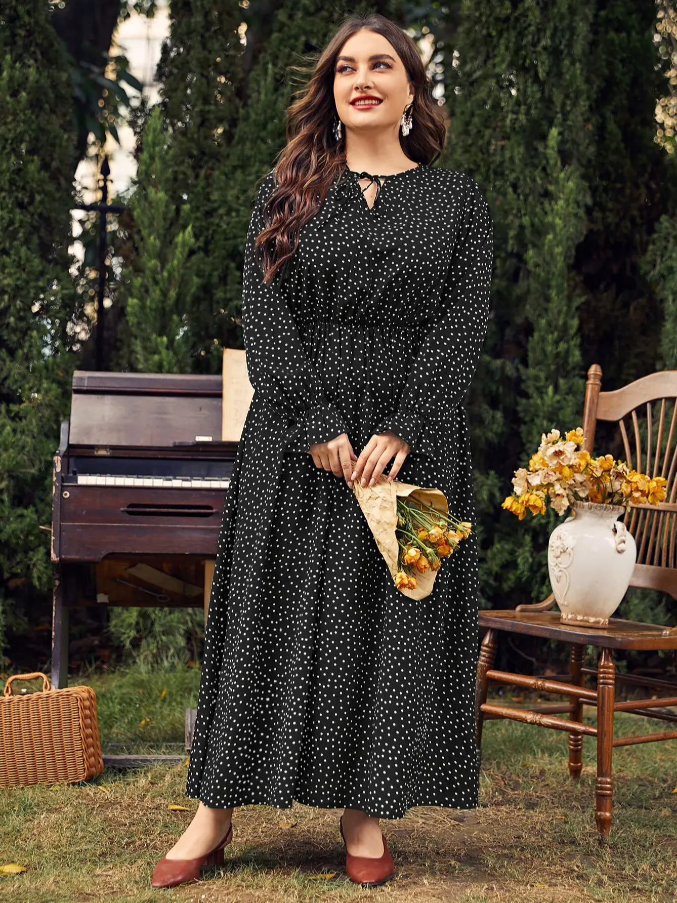 3XL 4XL Plus Size Women Clothing Elegant Long Sleeves Polka Point Female Maxi Dress Casual Travel Vacation Chiffon Dress