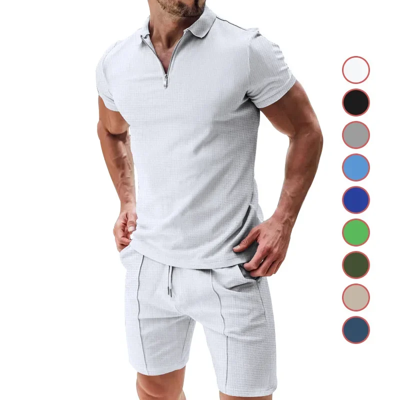 

Men Two Pieces Drawstring Knee Length Pants Pullover T Shirts Sets Solid Short Sleeve Shirts Turn Down Collar Casual Sports New