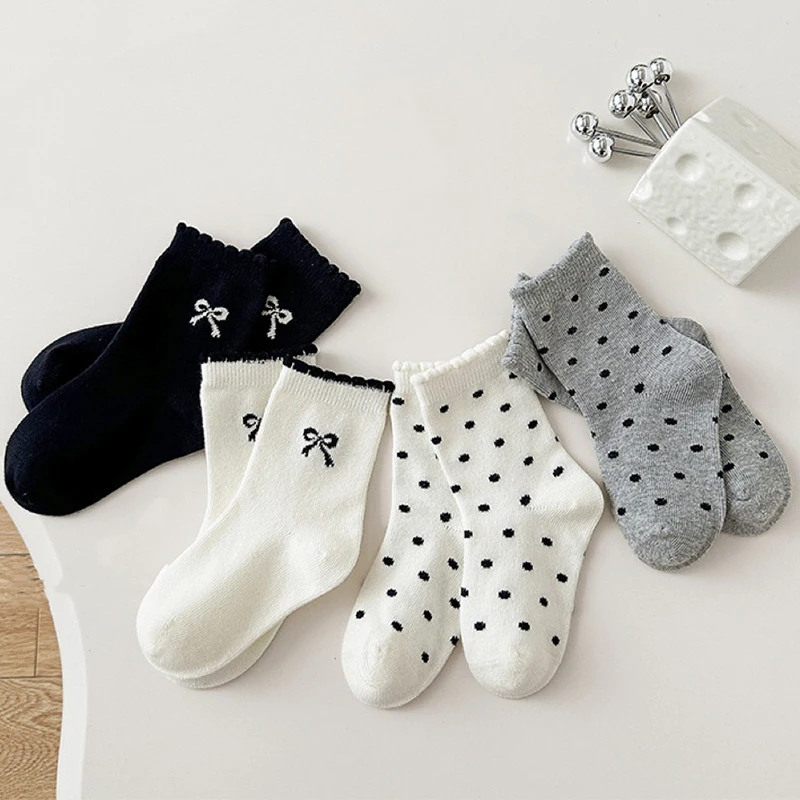 

4 Pairs Four Season Kids Socks Cotton Girls Socks Cute Bow Dot Pattern for Children Baby Korean Style Black White Princess Sock
