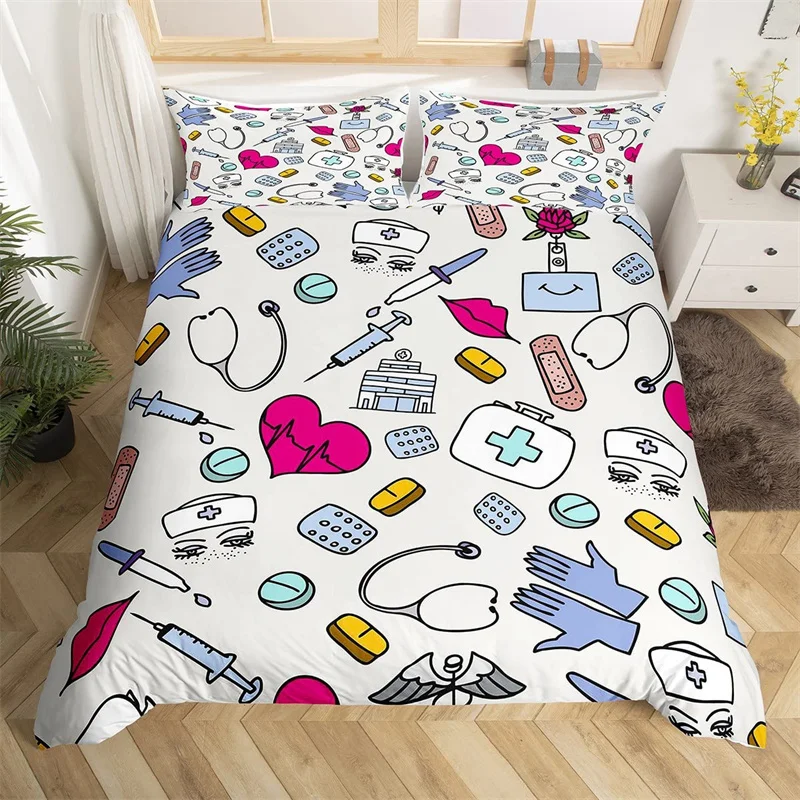 

Nurse Gifts for Women,Nursing Bedding Set Cartoon Sketch Cute Comforter Cover,Nurse Accessories for Work Nurse King Duvet Cover