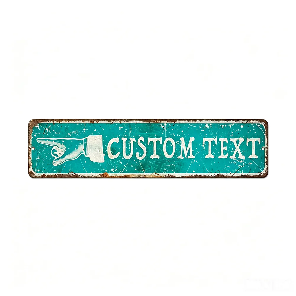 1pc Customizable Pointing Hand Metal Plaque, Teal Vintage Distressed Custom‑Text Wall Sign for Cafe Home Decor (Decor Only)