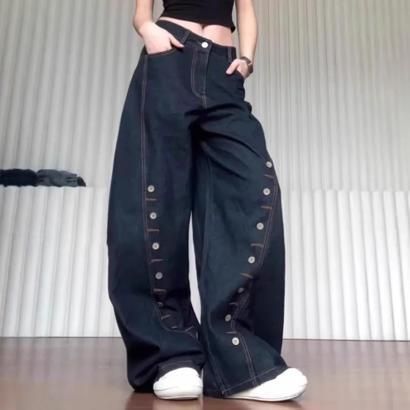 MWJLPWQ Celana Jeans Denim Asli Model Lubang Kancing Longgar Gaya Machete Celana Panjang Kasual Pria High Street Model Kaki Lebar Musim Gugur 2025 Fashion11967