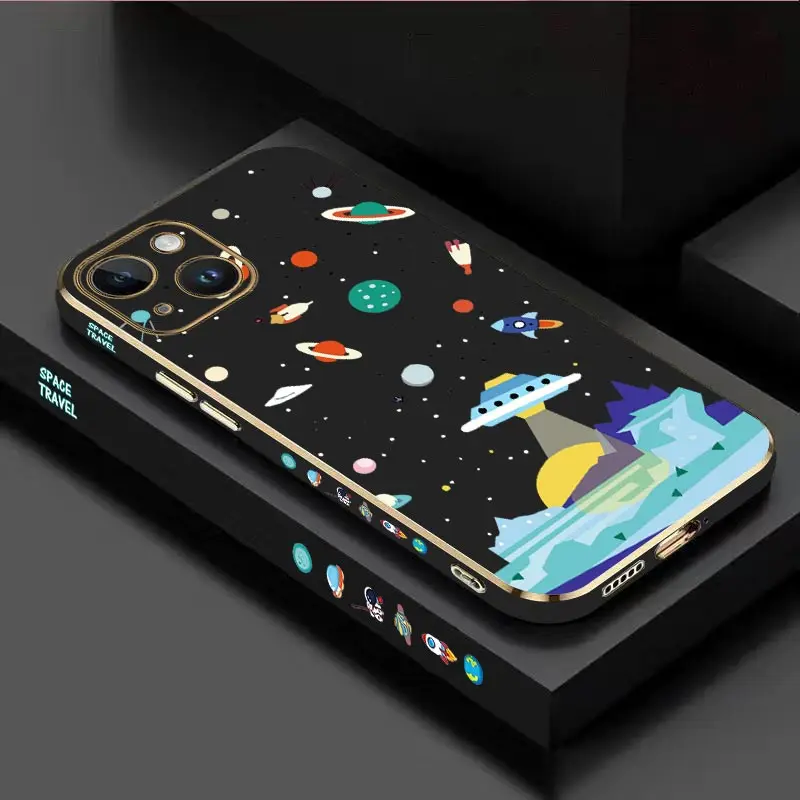 Sailing Spaceships Luxury Plating Phone Case For iPhone 13 12 15 11 14 Pro Max Mini 14 15 Plus XSMax XR X XS 6 6S 7 8 Plus Cover