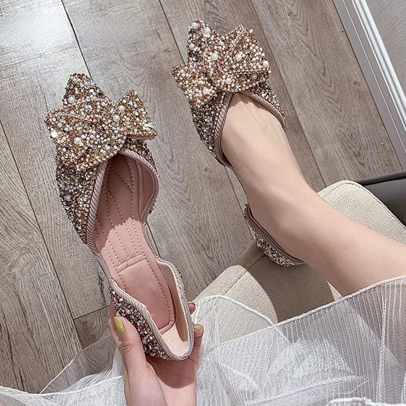 Fashion Pearl Flats Party Spring Summer Pointed Toe Slip on Sexy Lady Loafers Sandals Rhinestones Women Flat Heel Crystal Shoes