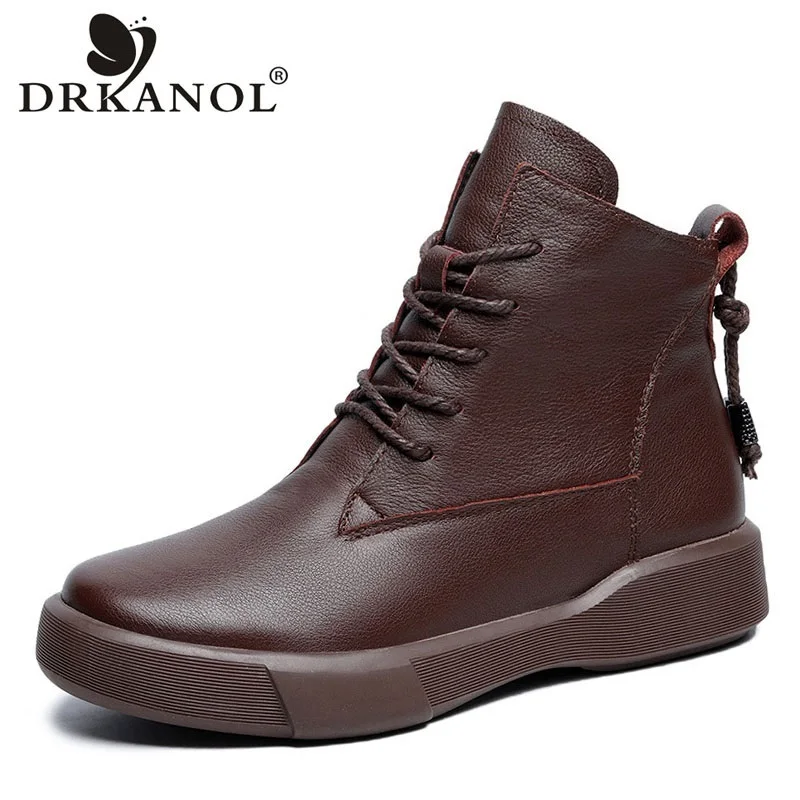 DRKANOL Fashion Women Ankle Boots Autumn Winter Short Plush Warm Shoes 100% Genuine Leather Round Toe Zipper Flat Casual Boots