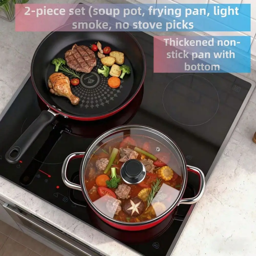 

Kitchen Cookware Set Includes A Soup Pot And A Frying Pan. Its Suitable For Home Use, Can Be Cooked On An Induction Cooker, And