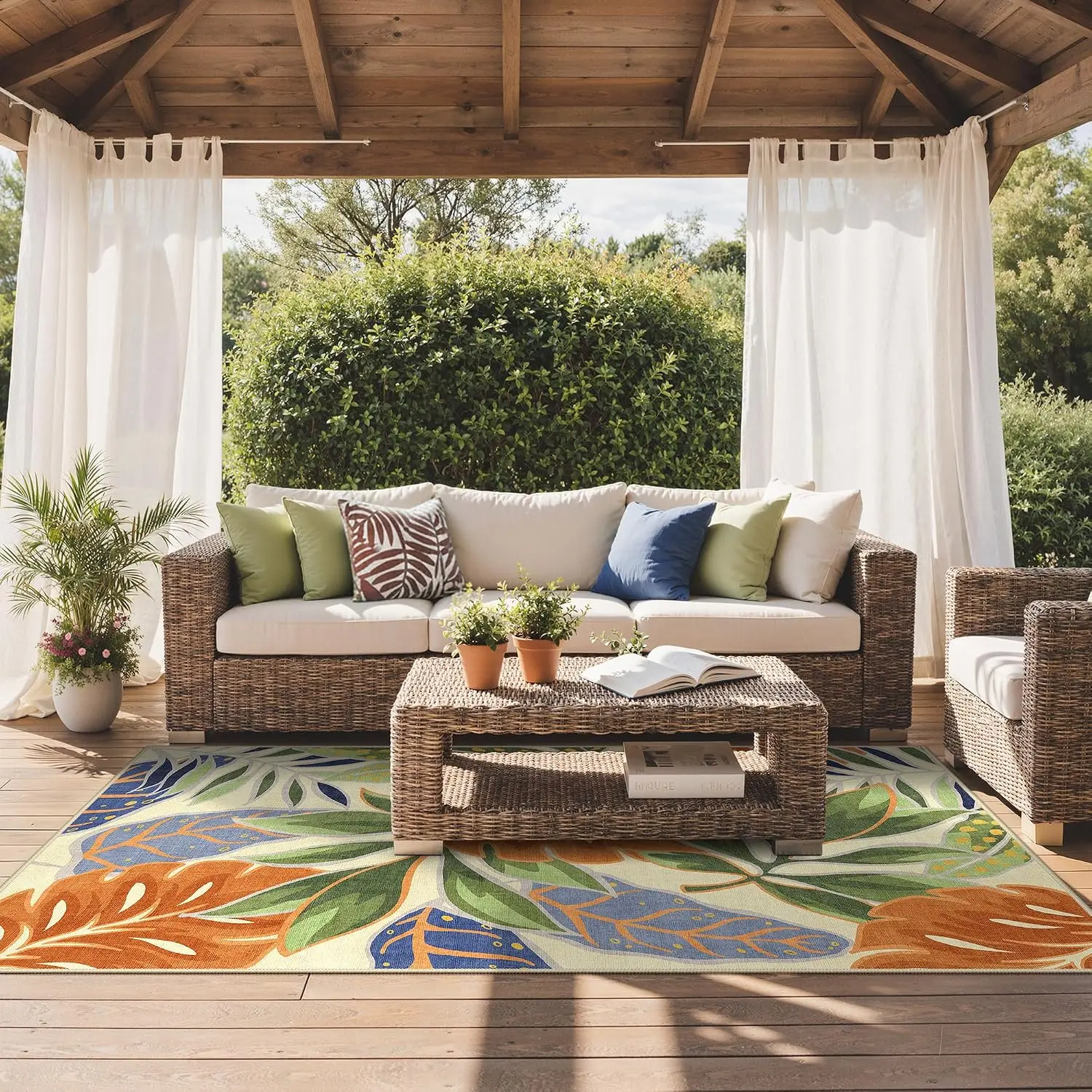 Indoor Outdoor Area Rug Rust Sage Leaf Botanical Pattern Artistic Floor Covering for Patio Balcony Deck RV Camping Room