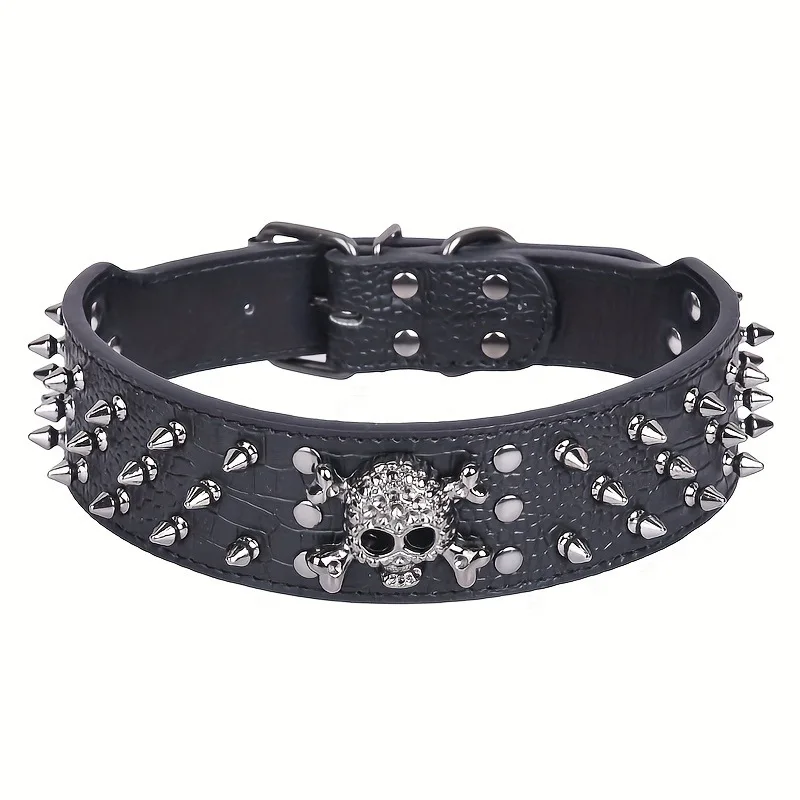 Totenkopf Haustierhalsband Farbe Runder Kopf Nägel Hundehalsband Totenkopf Nieten Dekoratives Hundehalsband