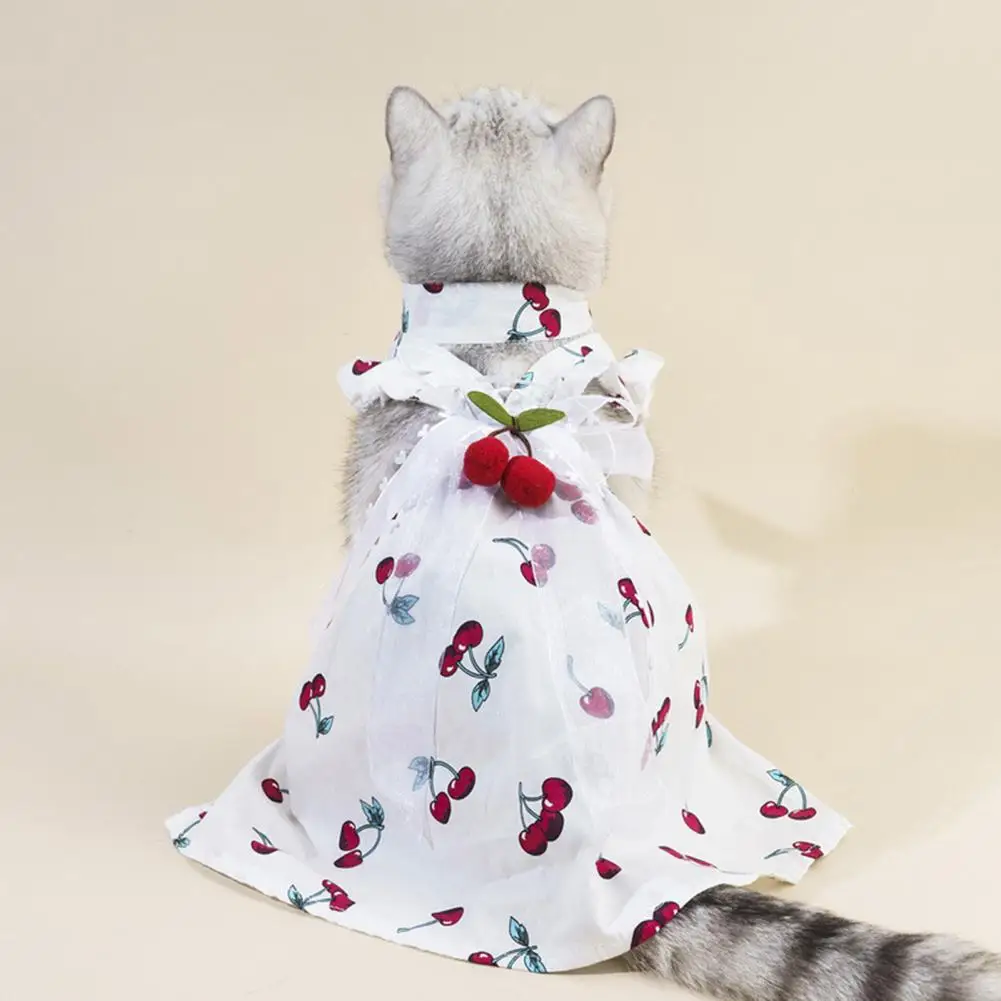 1 Set Dog Dress Girls ,Fur Ball Decoration,Cotton,Bowknot Cherry Print,Pet Cat Dog Summer Dress,with Necktie,Pet Supplies