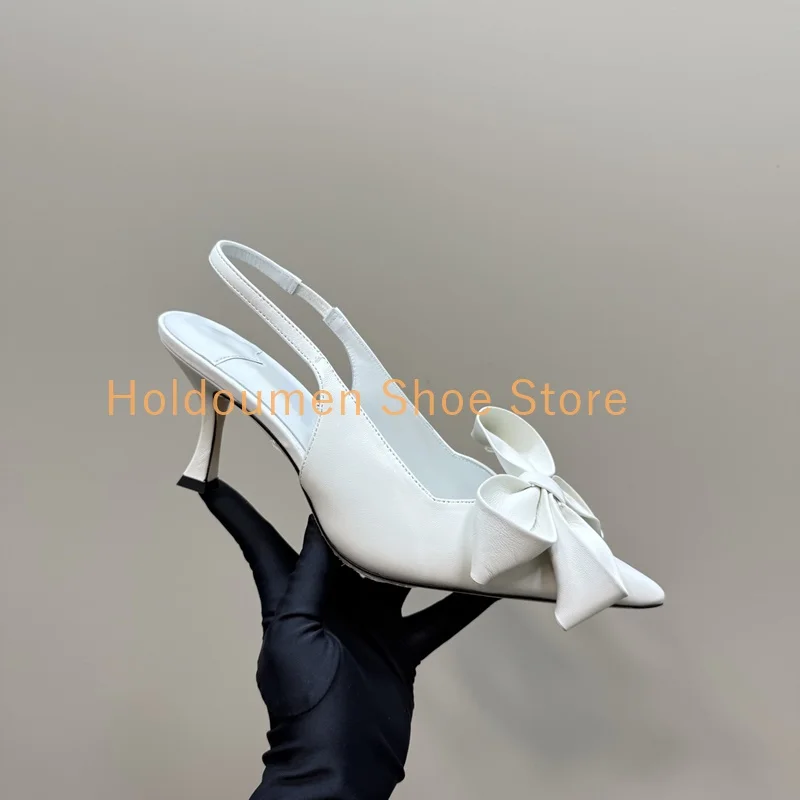 

Women's New Handmade Bow Three-Dimensional Design Pointed Toe Slingback Sandal Summer Genuine Leather Playful Kitten Heel Sandal