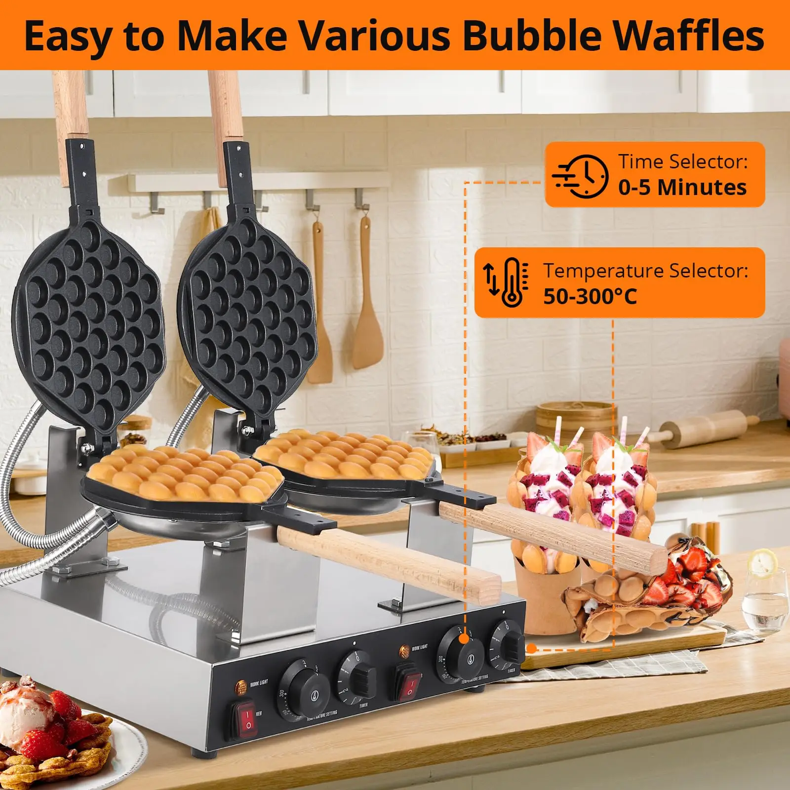 1/2 Plate 1400W/2800W 180° Rotatable Round Bubble Waffle Maker Non-Stick Double-Side Heating Waffle Iron For Home Commercial Use