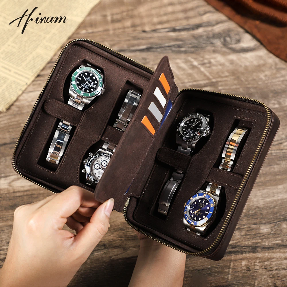 

Retro Genuine Leather 4 Slots Watch Box Organizer With Card Holder Travel Watch Display Storage Zipper Case Men Luxury