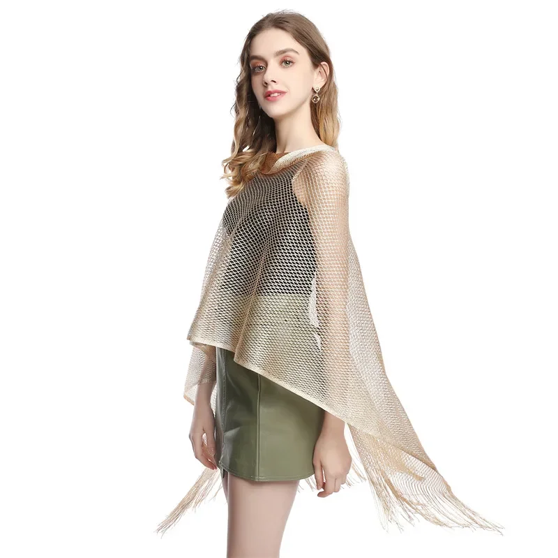 

Summer Hollowed Out Tassel Shawl NEW Pullover Rayon Shawl Women Cloak Shawl Wear Sunscreen Clothes Outside Golden