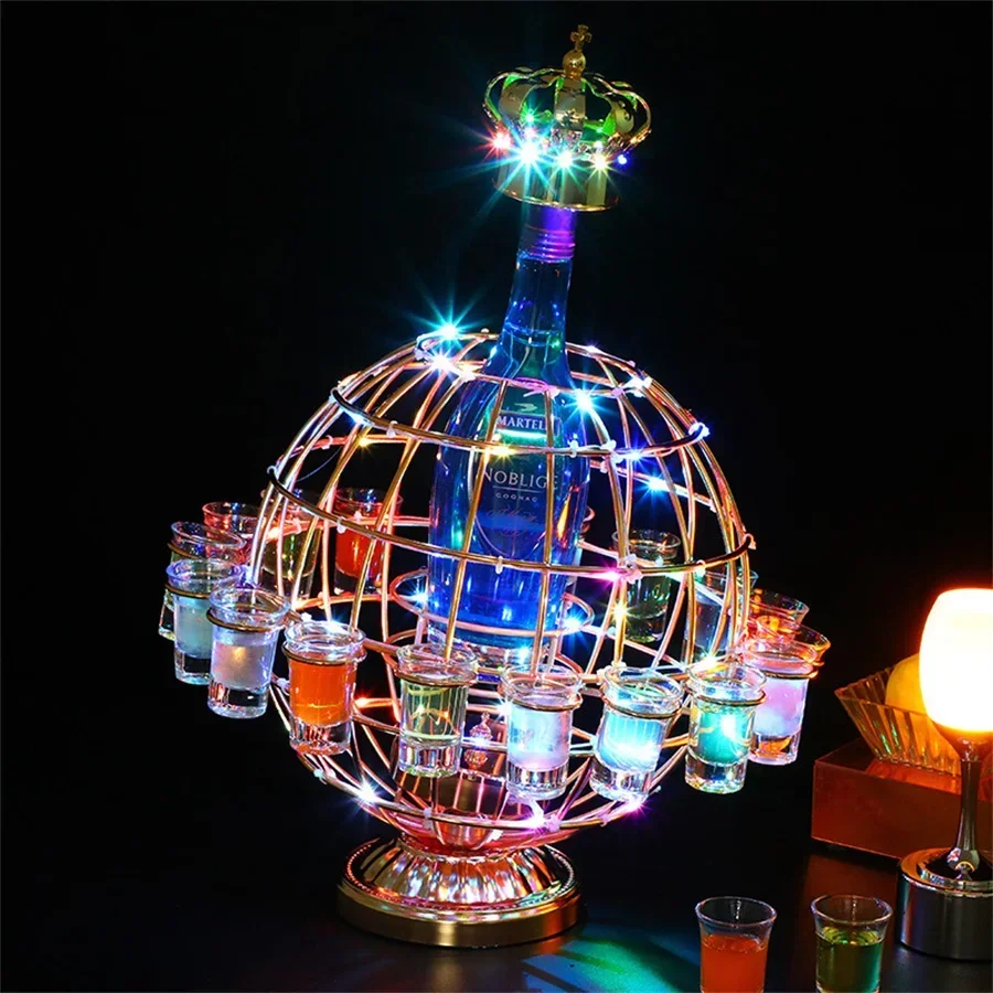 Metal 18 Holes Globe LED Glass Display Stand Wine Rack cocktail cup holder Shot Glass service Tray For bar Party supplies