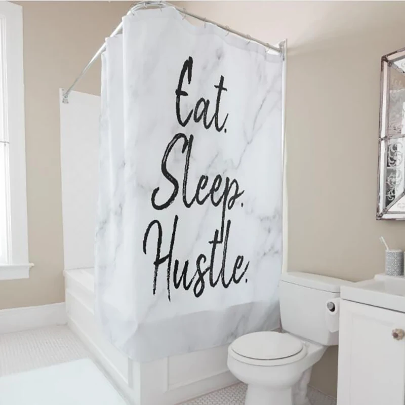 Funny Eat Sleep Hustle White Marble Curtain for Shower Bath Fashion Bathroom Curtains Set Joke Humor Hustle Quote Gift Decor 180