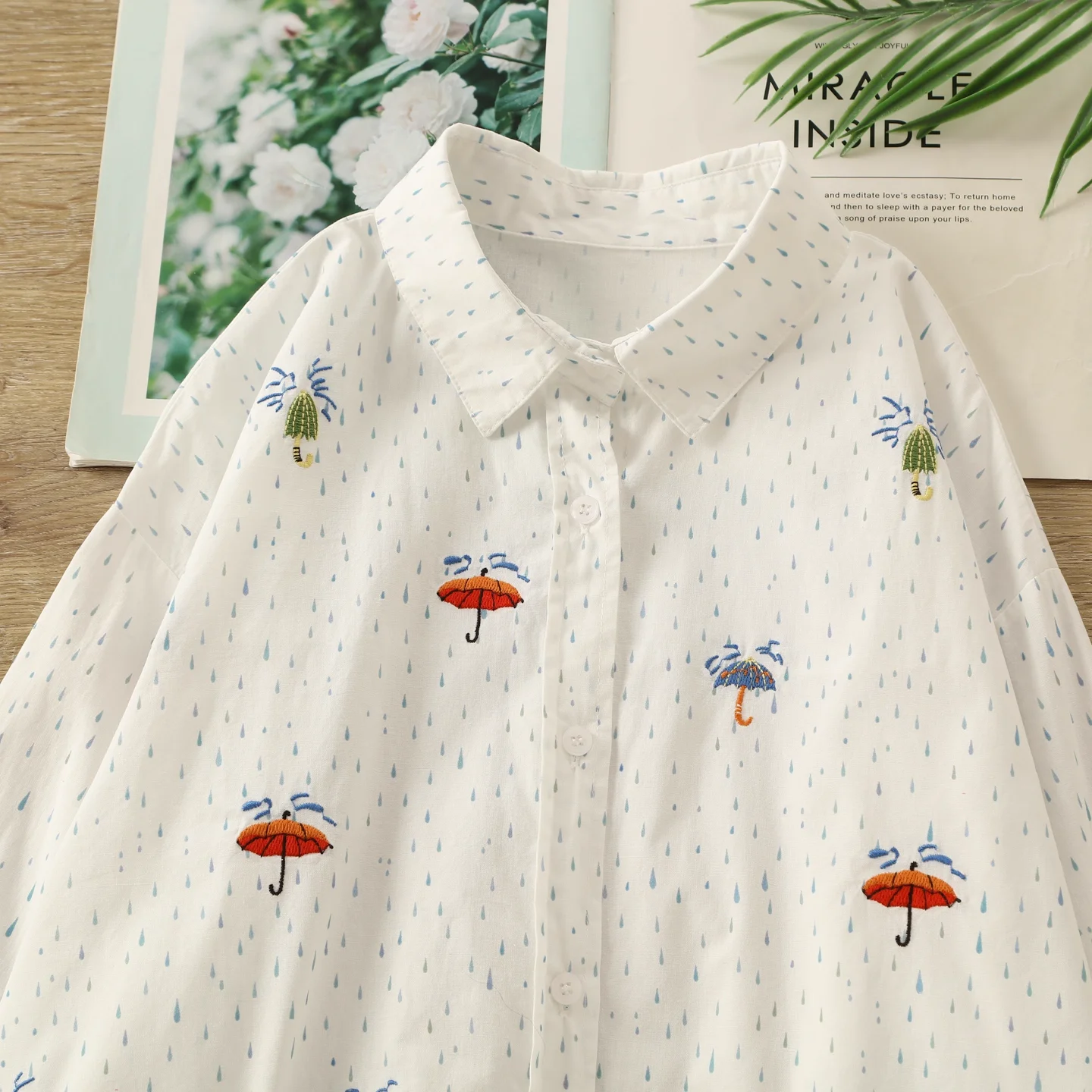 

Японская винтажная одежда, 100% хлопок, рубашки и блузки с принтом дождевого зонтика для женщин, оригинальные брендовые топы с длинными рукавами