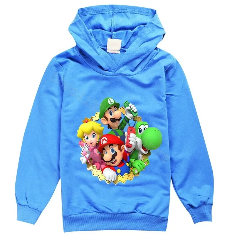 Super Mario Bros Hooded Sweatshirt Princess Peach Luigi Kids Clothes Game Cartoon Character Graphic Print Winterize Coat Gifts