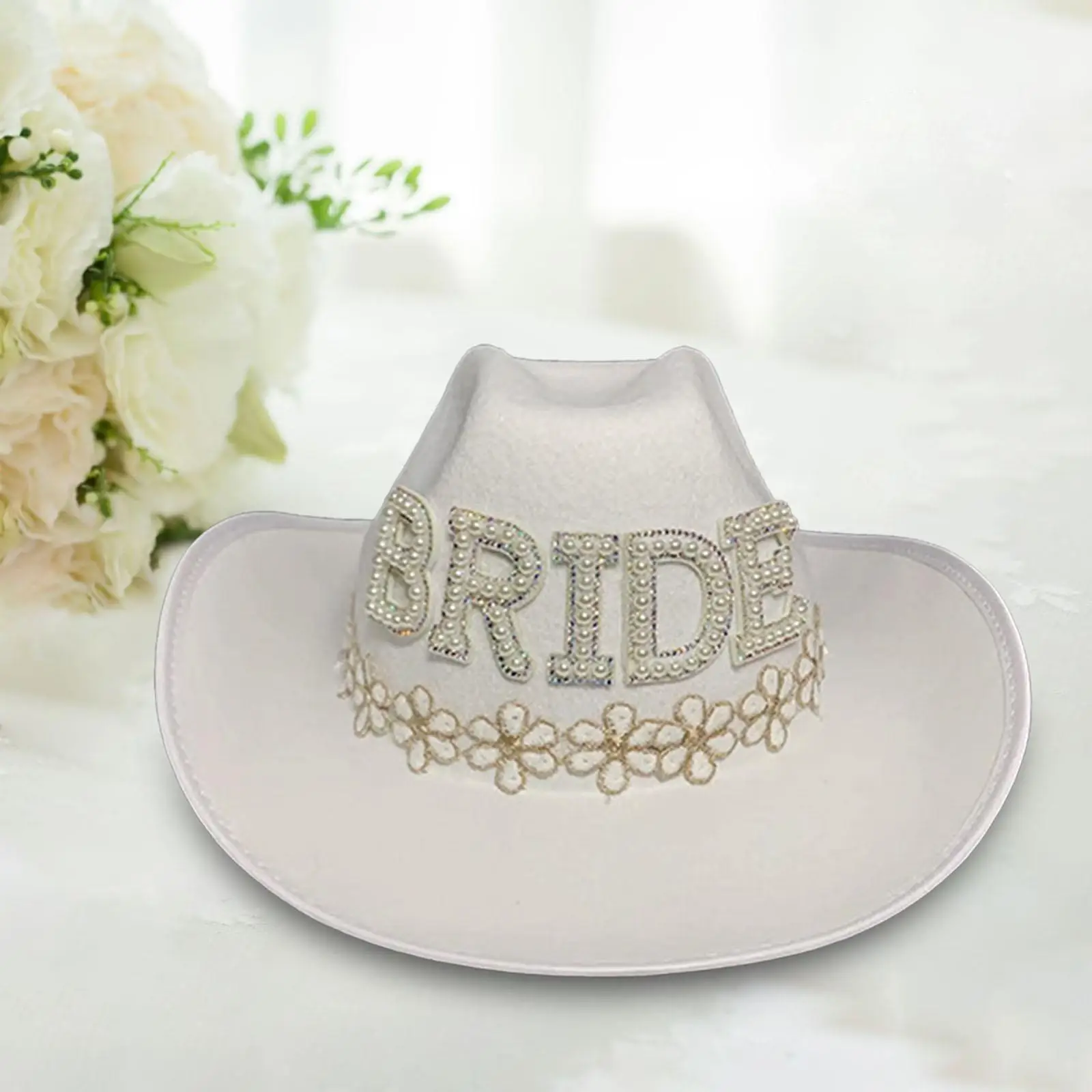 Western Women Cowboy Hat, Flower Applique Beaded Party Hats, Bride Wedding Hat for Holiday Costume Dress up