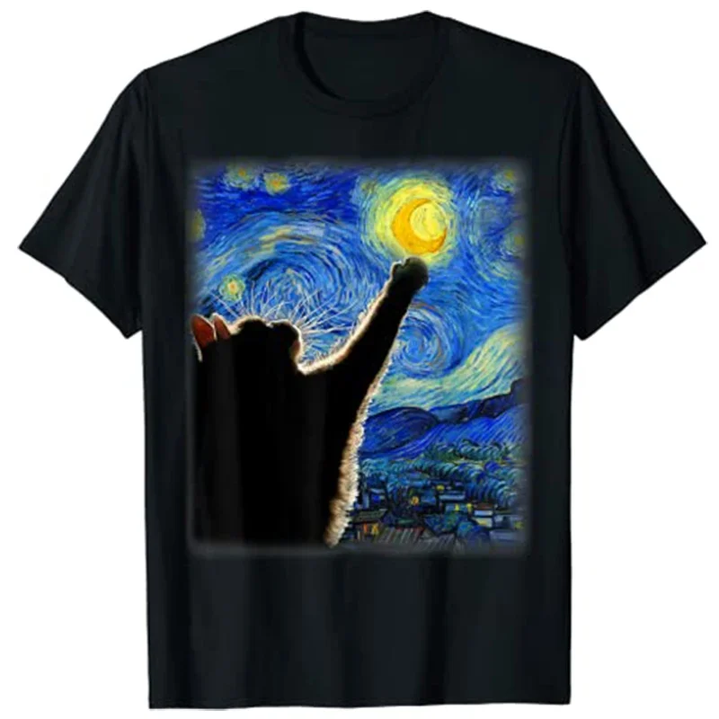 Cat-Lover Aesthetic Clothes Y2k Art Tops Graphic Tee Tops Unisex Short Sleeve Blouses Gifts Starry Night Van Gogh Cat T-Shirt