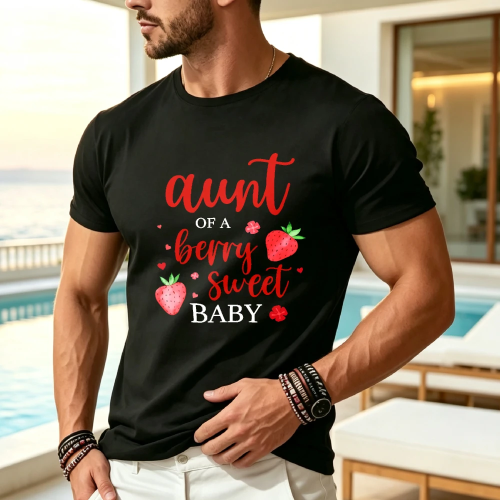 Retro Strawberry Print Aunt TShirt for Baby Showers