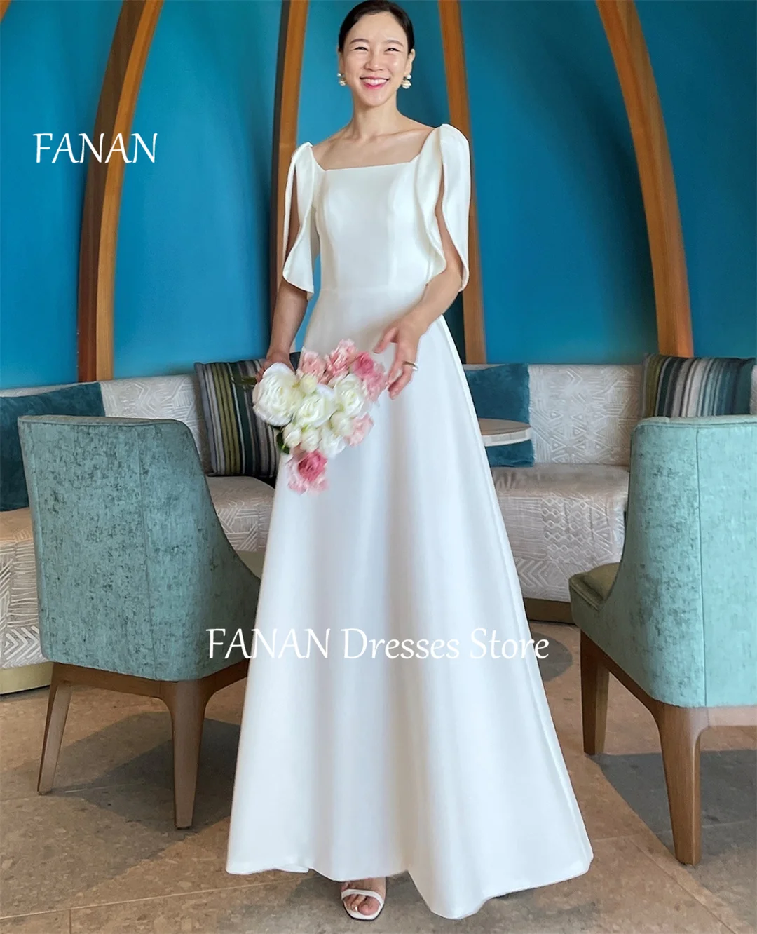 

FANAN Korea Ivory Zipped Wedding Dresses Puff Sleeves 웨딩드레스 A-Line Square Collar Satin Custom Made Bride Gowns Plus Size