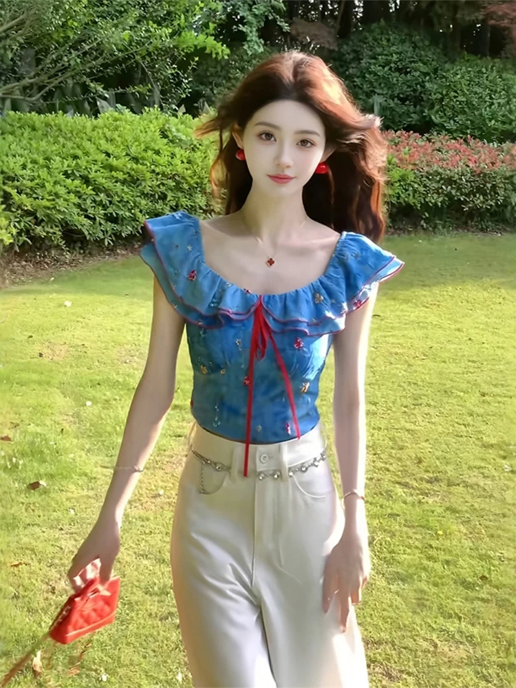 

Summer Sweet Blue Floral Print irt Slim Fit ort Sve Beautiful Girl Chic Design Commute Sle Korean Faion Women's Bl...