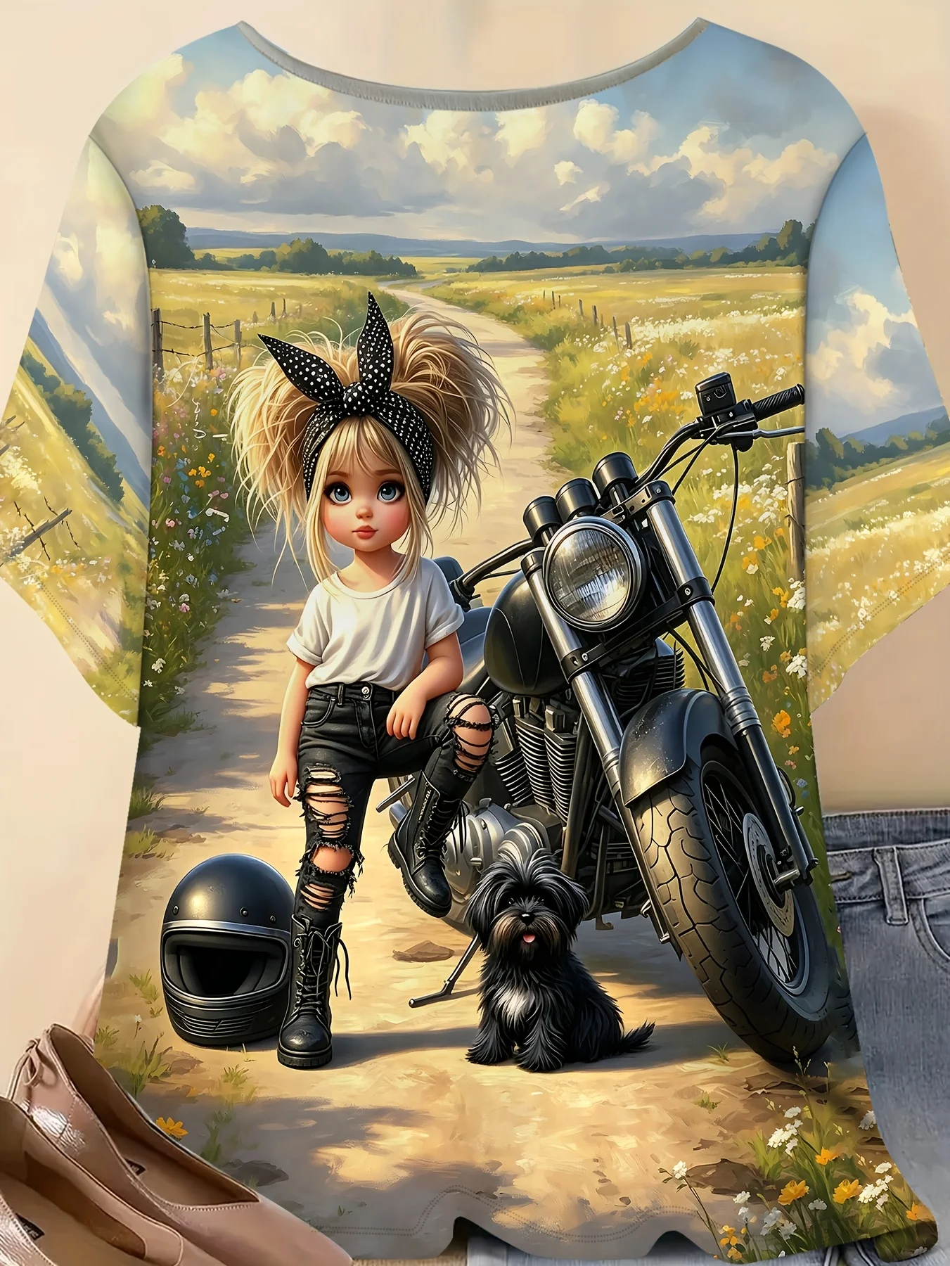 Women Crew Neck Short Sleeve T‑Shirt, Biker Girl Puppy Motorcycle Country Rural Scenery 3D Graphic Print Casual Summer Tee
