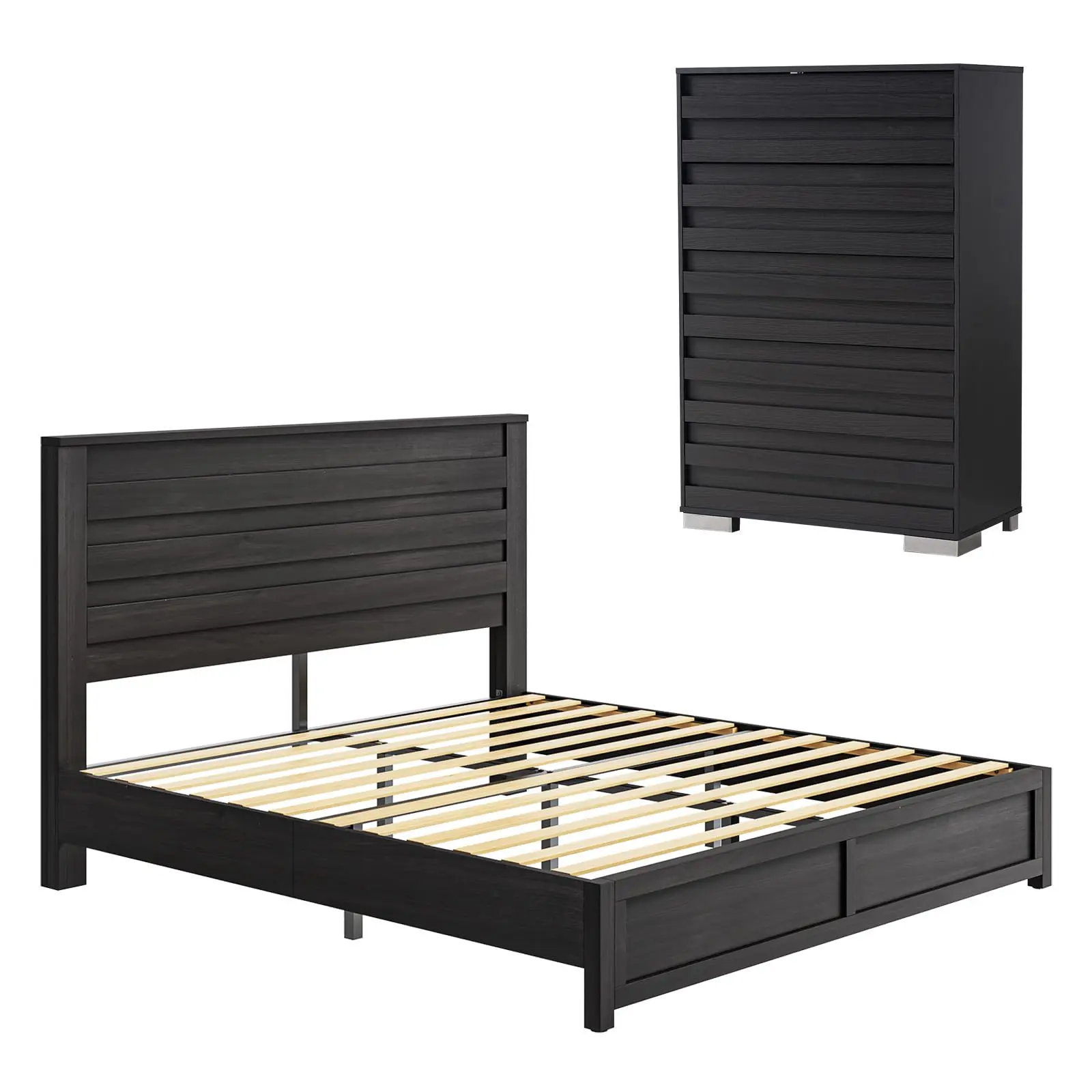 2 Pcs Bedroom Furniture Sets - Includes 1 X Farmhouse 5 Drawers Dresser, 1X Farmhouse Full Size Bed Frame with 49