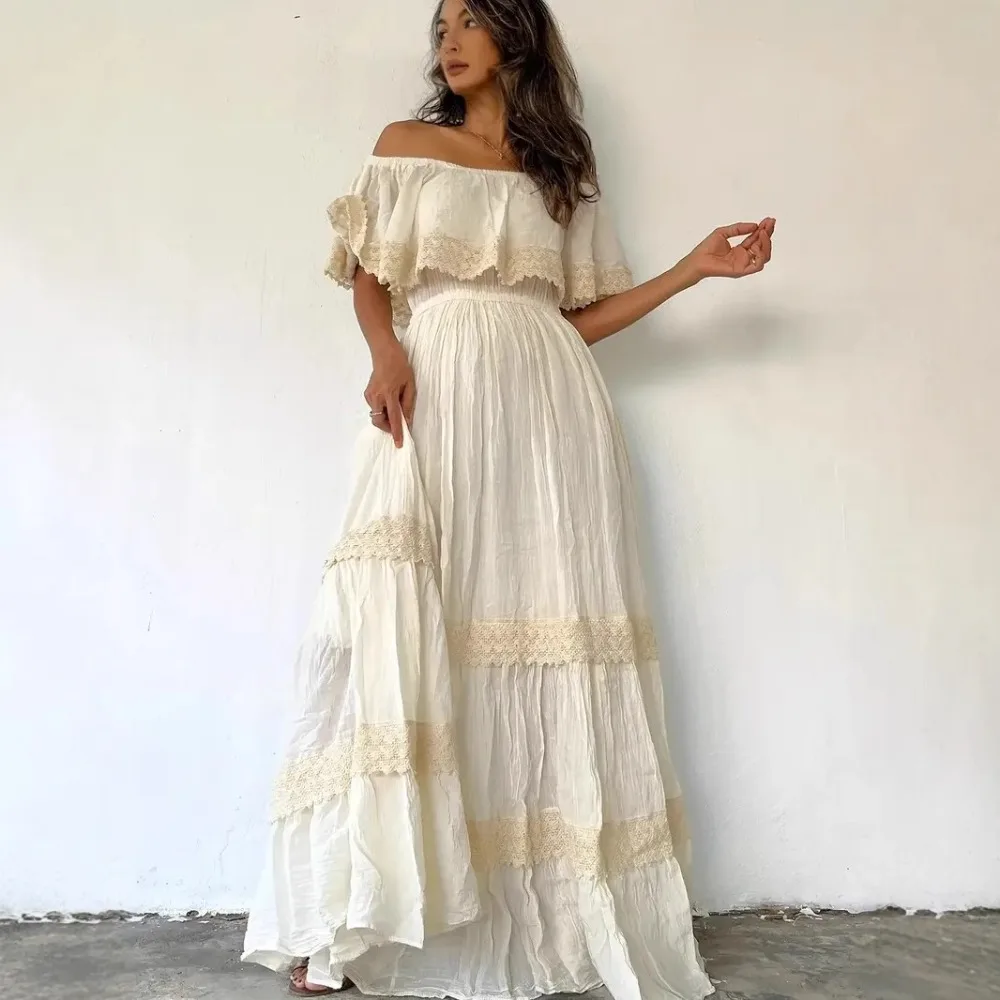 Retro One Neck Strapless Off Shoulder Solid Color Lace Cinched Waist Slimming Dress Party Women's Daily Long Dress