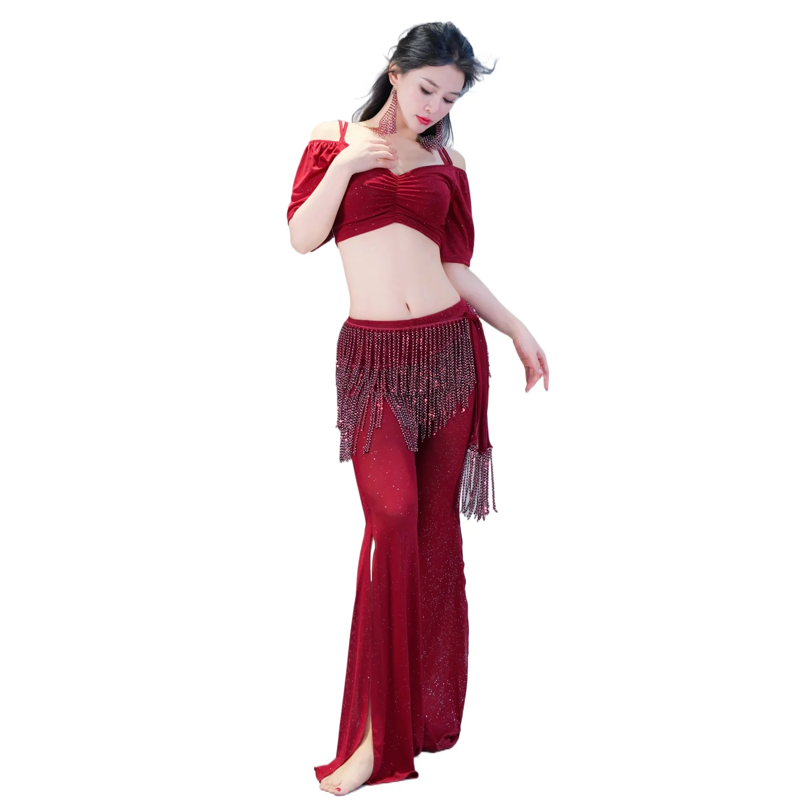 THEEPER Bauchtanzkleidung für Damen, Glitzer-Crop-Top mit seitlichem Schlitz und ausgestellter Hose, Bauchtanz-Übungsoutfit, optionaler Hüftschal mit Quasten