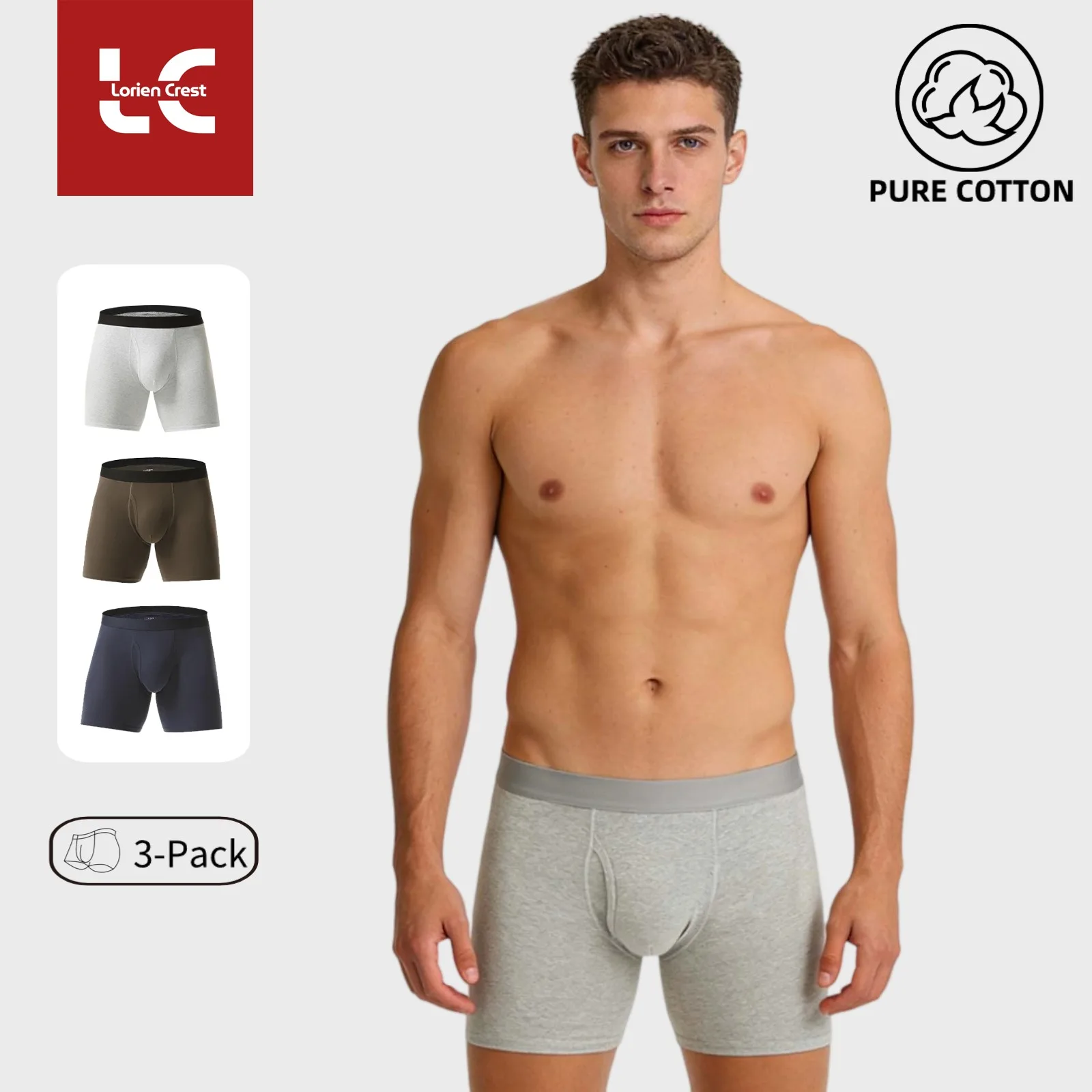 

3pcs Extended version of solid color sports pants, large size men's boxer underwear open breathable pure cotton underwear