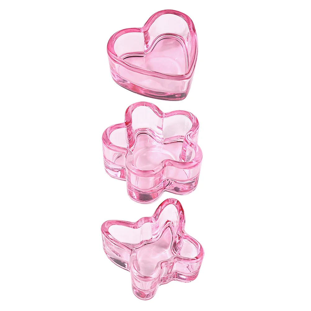 Plato Dappen de cristal rosa para decoración de uñas, plato acrílico con forma de corazón, flor y mariposa, soporte para polvo líquido, taza para cepillo de limpieza, 3 uds.