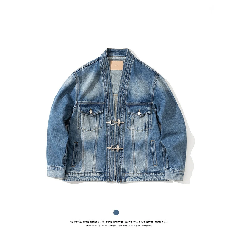 

Men Metal Airplane Buckle Washed Jeans Coat Loose Casual Japanese Streetwear Fashion Vintage Denim Cargo Kimono Jacket Outerwear