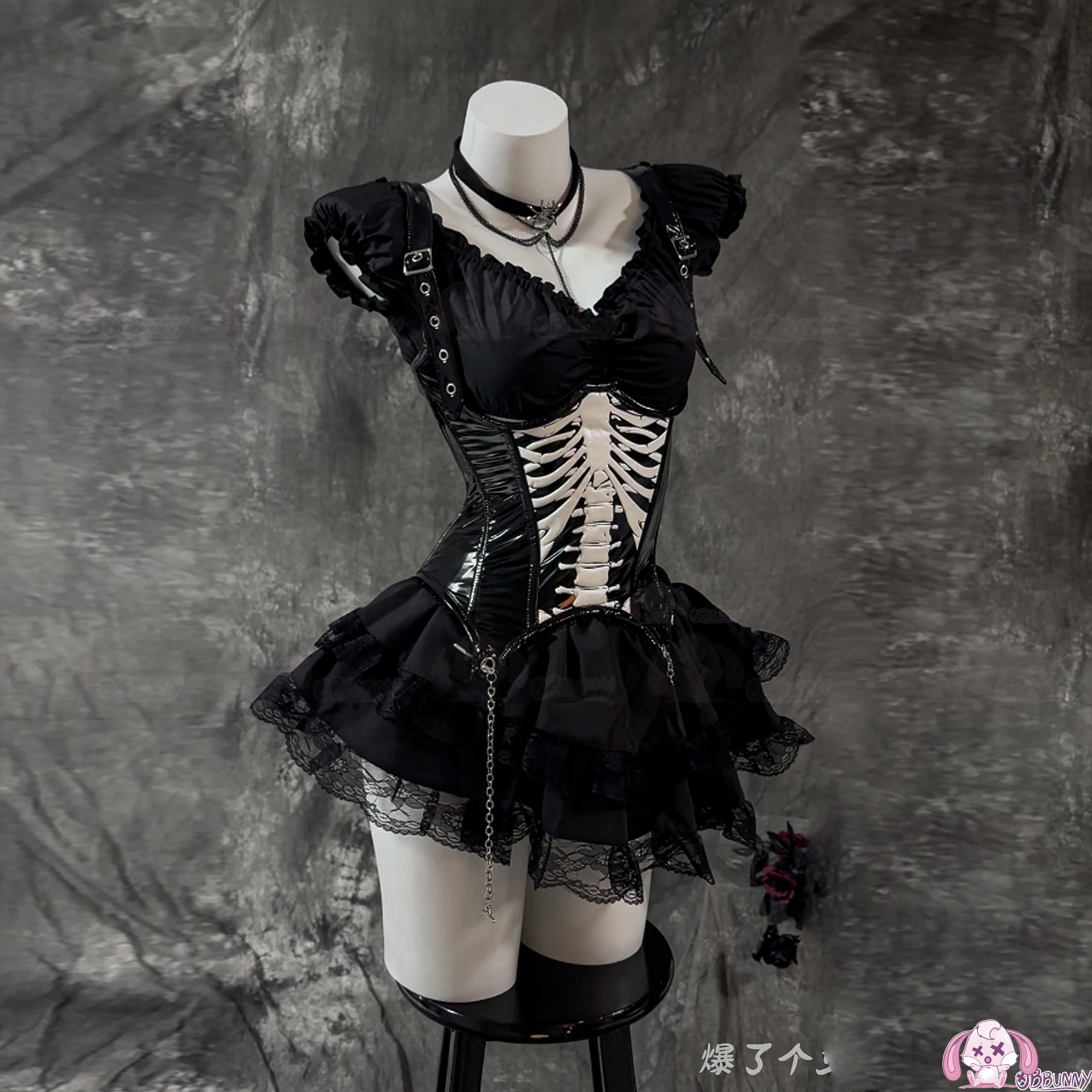 Halloween Gothic Skull Short Dress Cosplay Lolita Punk Steampuff Black Corset Outfit Jirai Kei Halloween Christmas Costume Anime view 2