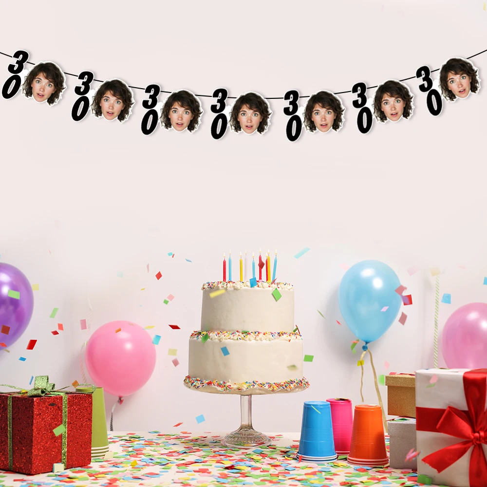 مخصص الذهب الأسود 30 40 50 60 70 سنة حفلة عيد ميلاد الوجه ورق طباعة الصور راية معلقة جارلاند للكبار حفلة عيد ميلاد ديكور