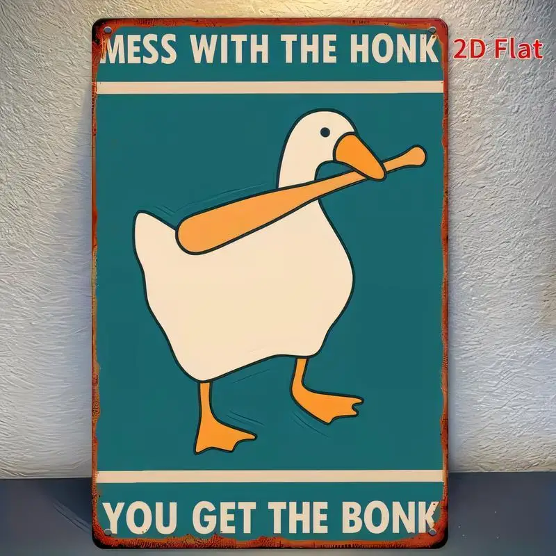 2D Flat Vintage Metal Tin Sign - Funny Goose with Bat Mess with Honk Design, Teal/White Retro Wall Art, Iron for Room/Bar/Cafe D