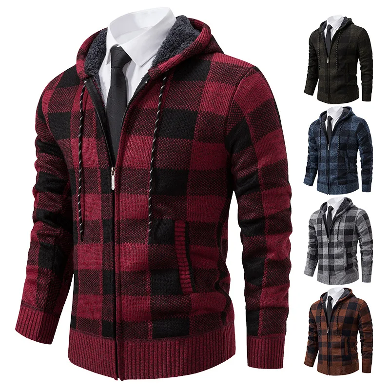 

Autumn and winter plush and thickened knit shirt, men's hooded sweater, cardigan, plaid youth sweater